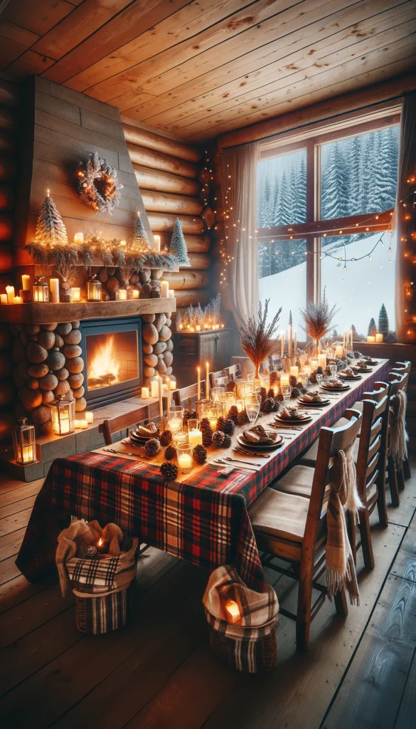A cozy 50th birthday dinner in a winter cabin theme. The decor includes wooden walls, a large stone fireplace with a fire burning, and a long wooden table set with plaid tablecloths. Centerpieces of pine cones and candles add warmth. Snow can be seen through the window, adding to the winter ambiance. Soft glowing lanterns and string lights provide lighting.