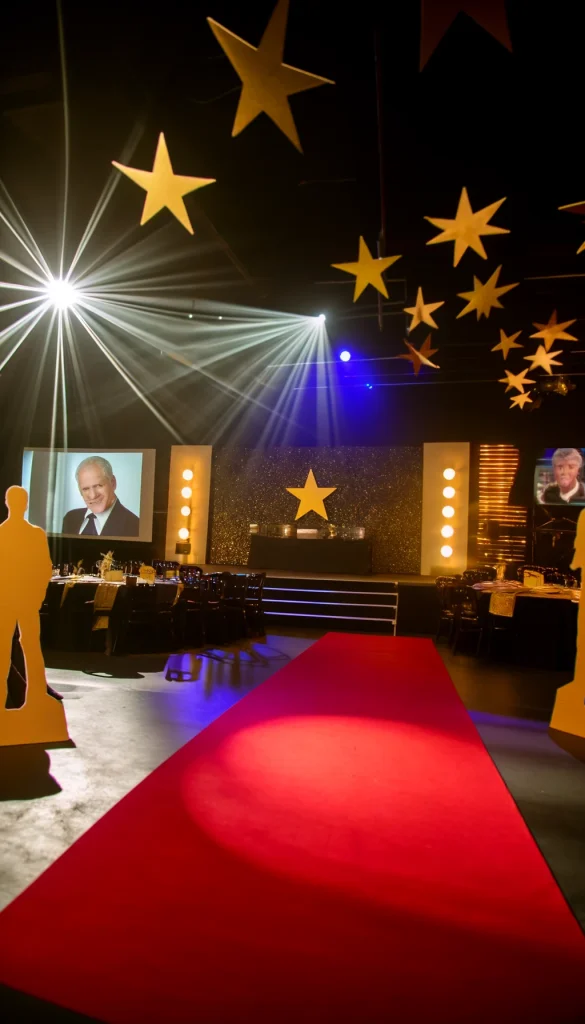 A 50th birthday party with a Hollywood theme, featuring a red carpet entrance, gold star decorations, and life-size cardboard cutouts of famous movie stars. The main area has a stage for awards, a large screen showing classic films, and tables styled like movie sets. The lighting is dramatic with spotlight effects and ambient lights.