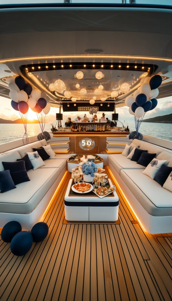 A luxurious 50th birthday yacht party during sunset. The deck is decorated with white and navy blue colors. There are elegant white sofas, navy blue cushions, and a bar area serving champagne and seafood. White and blue balloons float around, and a DJ booth is set up with vibrant lights. The ocean and sunset provide a stunning backdrop.