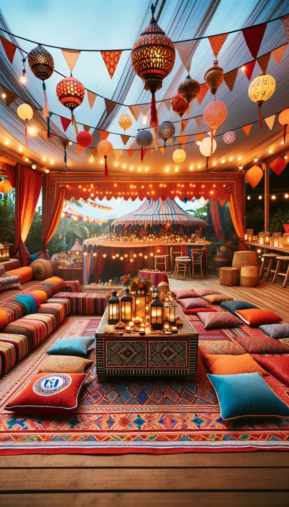 A 50th birthday celebration with a Moroccan theme. The decor features colorful Moroccan lanterns, cushions and rugs on the floor, and low tables for seating. The color scheme is vibrant with reds, oranges, and blues. Tents with intricate patterns provide shelter, and a central area is set up for belly dancing performances. The setting is an open garden with string lights above.