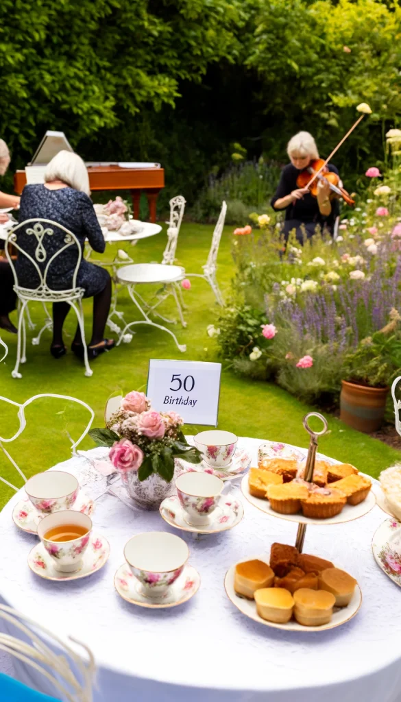 A 50th birthday tea party in an English garden. The setting includes vintage floral china, lace tablecloths, and a selection of teas and pastries. Guests are seated at white wrought iron tables surrounded by blooming flowers. A string quartet plays classical music in the background, adding to the serene and elegant atmosphere.