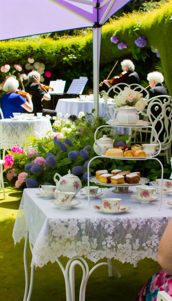 A 50th birthday tea party in an English garden. The setting includes vintage floral china, lace tablecloths, and a selection of teas and pastries. Guests are seated at white wrought iron tables surrounded by blooming flowers. A string quartet plays classical music in the background, adding to the serene and elegant atmosphere.