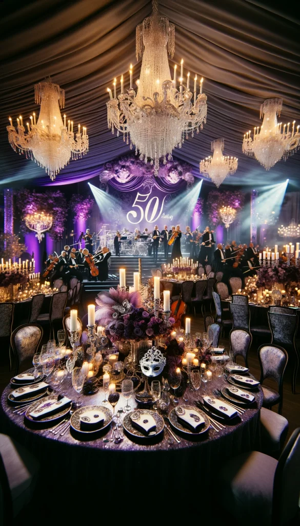 A 50th birthday party with a masquerade ball theme. The venue is decorated with deep purple and silver colors. There are elegant masks on display, crystal chandeliers, and tables set with luxurious linens and candlelit centerpieces. A live orchestra plays classical music, adding to the mysterious and opulent atmosphere of the event.