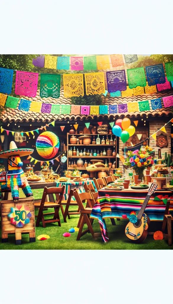A 50th birthday fiesta with a Mexican theme. The outdoor setting includes colorful papel picado banners, a piñata, and rustic wooden tables. Decorations feature bright tablecloths, sombreros, and Mexican pottery. A mariachi band plays lively music, and a taco bar offers a variety of authentic Mexican dishes.