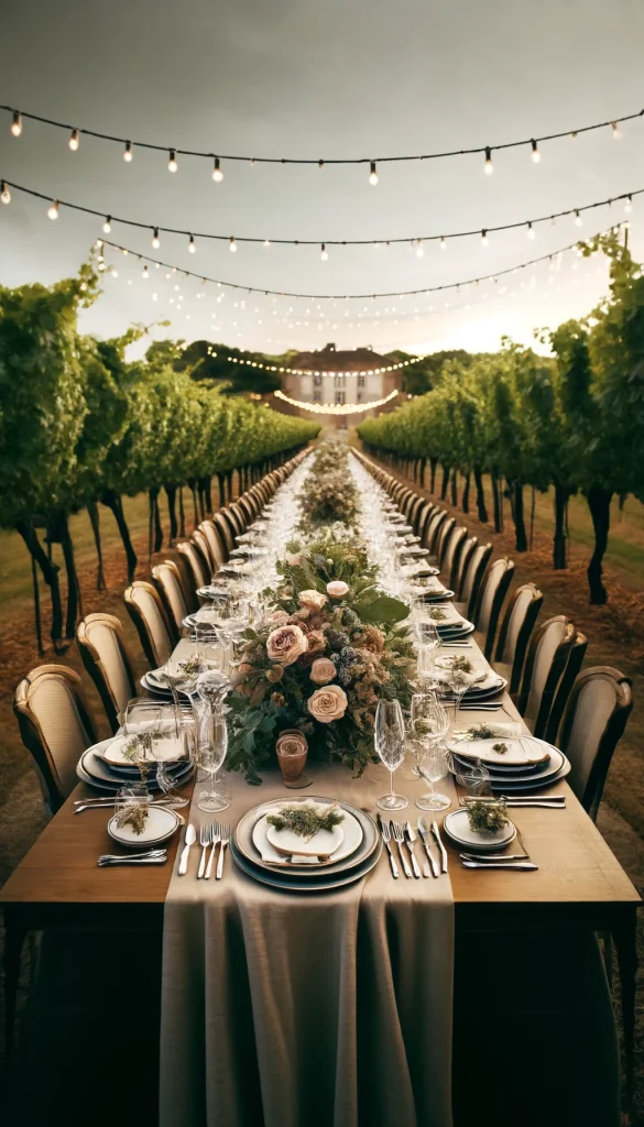 A sophisticated 50th birthday party in a French vineyard. The setting includes rows of grapevines, a long table set with fine china, crystal glassware, and a floral centerpiece. The theme is rustic elegance, with natural wood, linen tablecloths, and soft string lights. Guests enjoy wine tasting and a gourmet meal under the stars.