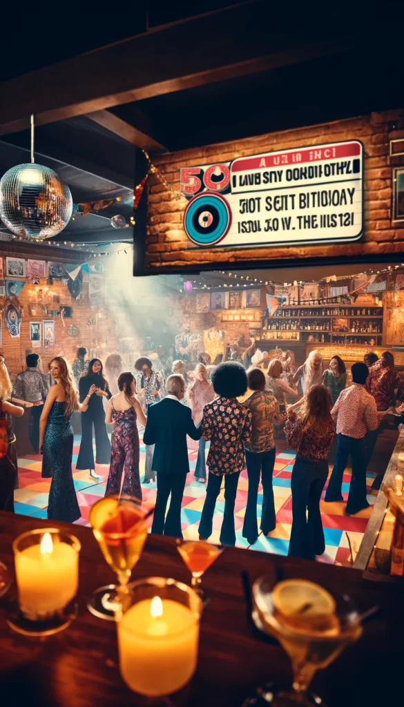 A 50th birthday celebration with a retro 70s disco theme. The venue is decorated with disco balls, colorful dance floor lights, and vintage posters. Guests are dressed in 70s attire, dancing to classic disco hits played by a DJ. The bar serves cocktails popular in the 70s, and the atmosphere is lively and nostalgic.