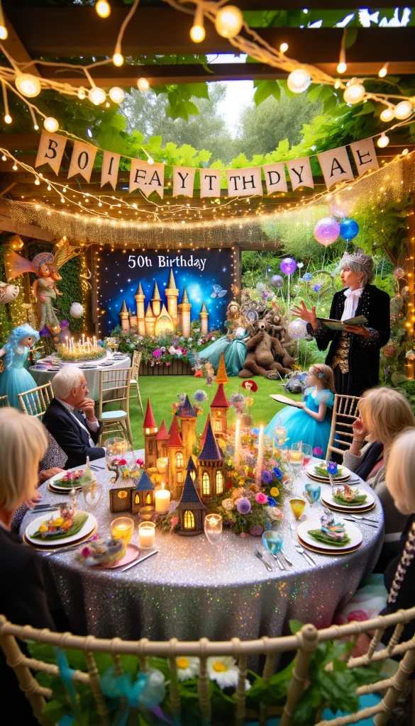 A 50th birthday garden party with a fairy tale theme. The setting includes whimsical decorations with twinkling lights, colorful banners, and life-size cutouts of fairy tale characters. The tables are covered with glittery tablecloths and topped with magical centerpieces featuring tiny castles and mythical creatures. A storyteller entertains guests with enchanting tales.