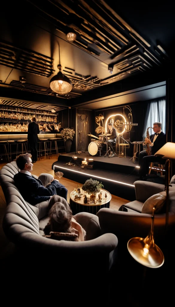 A classic 50th birthday party in a jazz club setting. The atmosphere is sophisticated with low lighting, plush seating, and a small stage for jazz musicians. The decor features vintage music instruments, black and gold color scheme, and a bar serving classic cocktails. Guests enjoy live jazz music, creating a relaxing and refined environment.