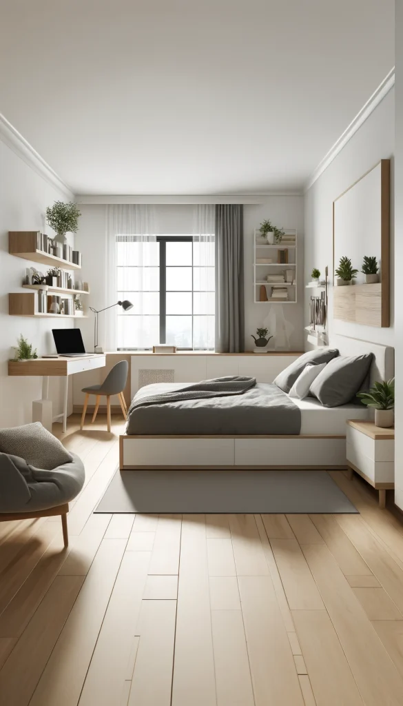 A modern bedroom with a Scandinavian style, featuring a platform bed with grey linens and several throw pillows. The room includes a sleek, white desk with a laptop and minimalistic decor. Natural wood accents on furniture and wall-mounted shelves holding plants and books add a warm touch. The flooring is light wooden, and there is a cozy armchair in one corner with a small coffee table. Large windows provide ample natural light, enhancing the airy and spacious feel of the room.