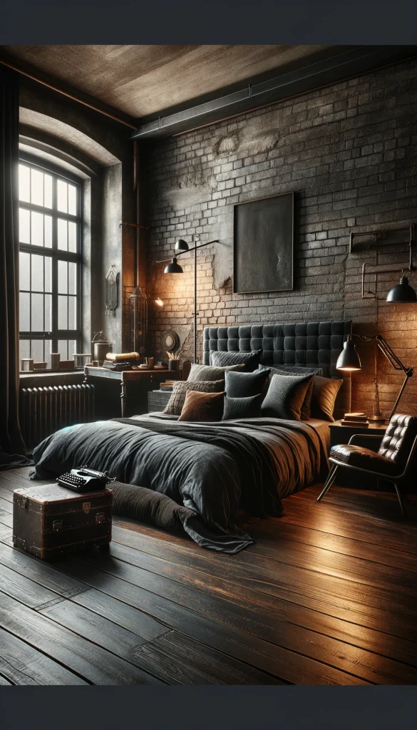 An industrial-style bedroom with exposed brick walls and dark, metallic accents. The bed features dark grey linens and an array of mixed-texture pillows. A vintage metal desk with an old typewriter and an adjustable desk lamp, adding to the rustic charm. The room has a dark-stained wooden floor with a distressed leather armchair and a metal floor lamp beside it. A large window with thick, dark curtains adds a dramatic touch, and soft, dim lighting creates a moody ambiance.