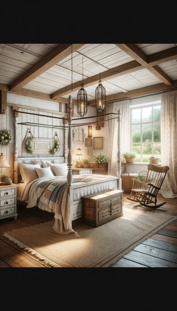 A rustic farmhouse bedroom design, featuring a large four-poster bed with white linens and a patchwork quilt. The room includes a distressed wood dresser and a vintage wooden rocking chair. The walls are a soft pastel color with white wooden beams, and rustic metal lanterns hang from the ceiling, providing a cozy light. A woven wool rug on the wooden floor adds texture. A window with flowery curtains overlooks a lush garden, enhancing the peaceful, countryside vibe of the room.