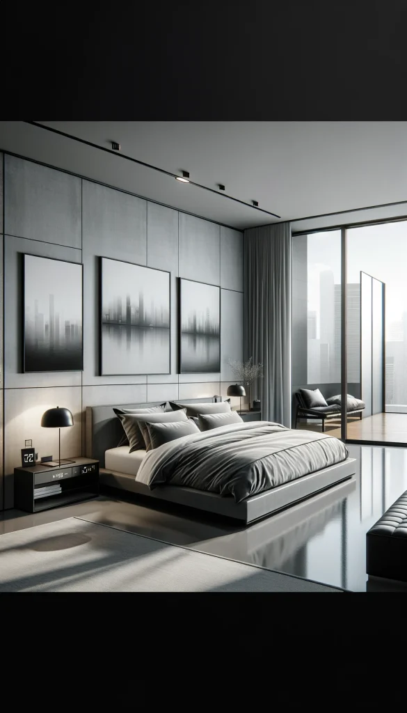 A contemporary bedroom with a sleek, minimalist design. The room features a large bed with a tailored grey comforter and crisp, white sheets. A modern, low-profile nightstand holds a simple lamp and a digital clock. The walls are a light grey with large, framed black-and-white photographs. A black leather bench is at the foot of the bed, and the floor is polished concrete, reflecting the room's clean lines. Large, sliding glass doors lead to a small balcony, providing a view of the city skyline.