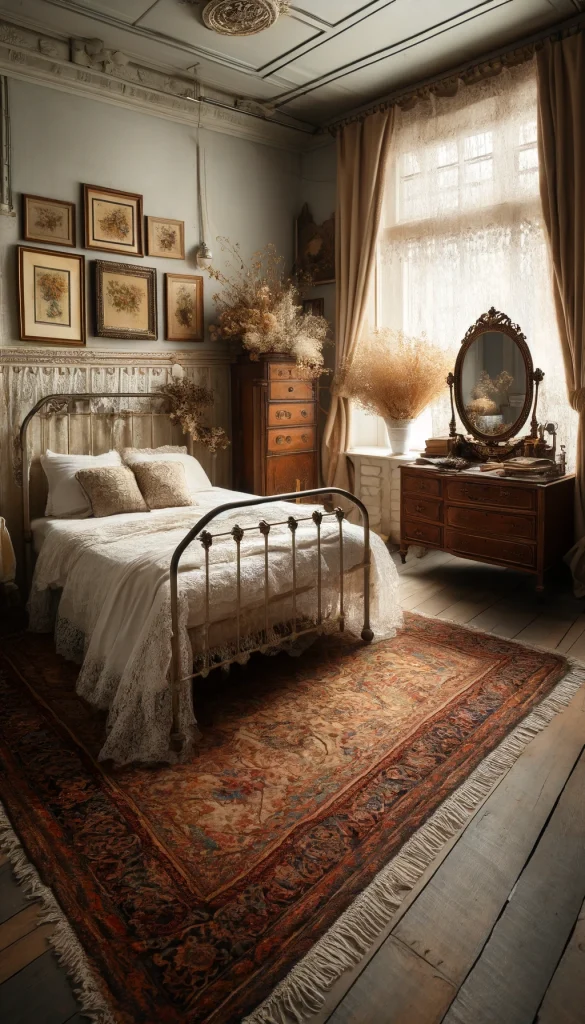 A vintage-inspired bedroom featuring a classic metal frame bed with white lace linens and several decorative pillows. An antique wooden dresser with a vintage vanity mirror and a bouquet of dried flowers creates a nostalgic feel. The room includes a lace curtain hanging from a brass curtain rod, filtering soft light into the space. A Persian rug covers the aged wooden floor, adding rich colors to the room. The walls are decorated with framed vintage botanical prints, completing the old-world charm of the decor.
