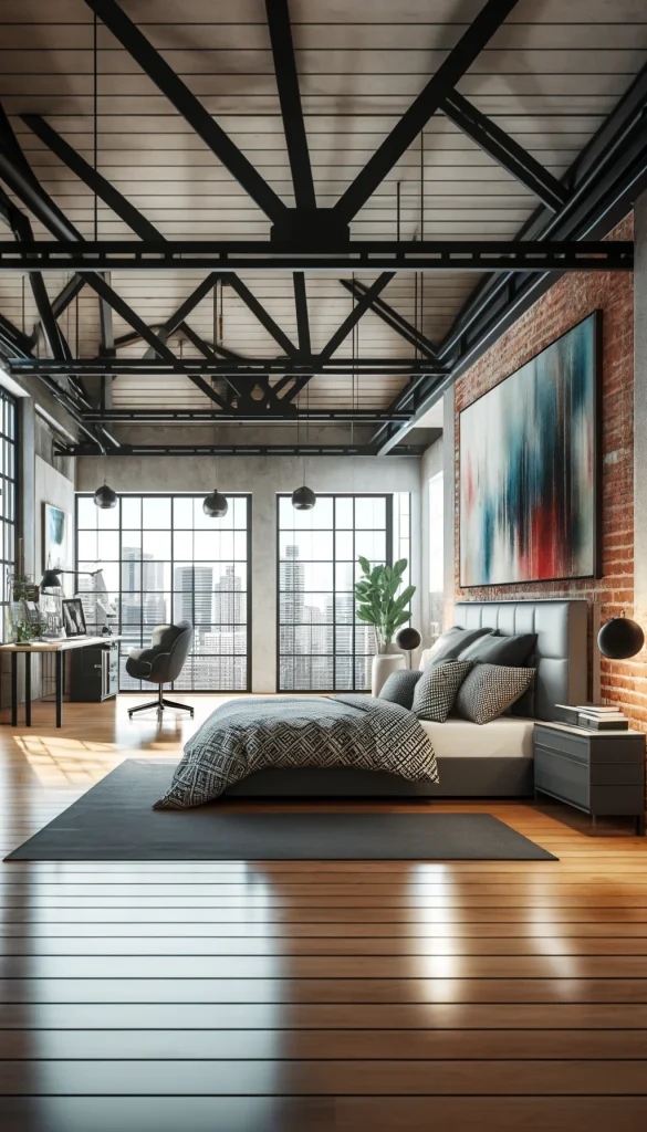 A chic, urban loft bedroom with an open-concept design. The space features a large bed with a stylish geometric-patterned duvet and multiple plush pillows. An exposed ceiling with industrial beams and pendant lights add to the loft's urban feel. A sleek, modern desk with high-tech accessories and a swivel chair are positioned near a large window that offers views of the cityscape. The floors are polished hardwood, and a large, colorful abstract painting hangs on a brick wall, adding a vibrant splash of color.