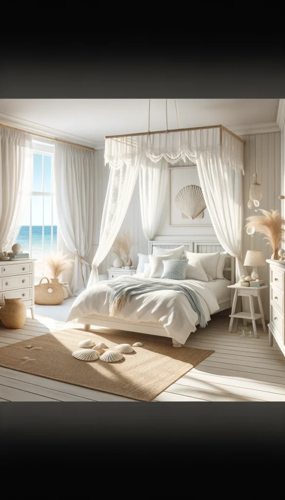 A serene coastal bedroom with a breezy, beach-inspired theme. The room features a white canopy bed draped with light, flowing fabrics and scattered with sea-shell patterned cushions. A sandy-colored jute rug lies on the light wooden floor, complementing the beachy vibe. White-washed wooden furniture, including a dresser and a bedside table with a sea-glass lamp, enhance the coastal theme. A large window with flowing white curtains offers a view of the ocean, adding to the tranquil atmosphere of the room.