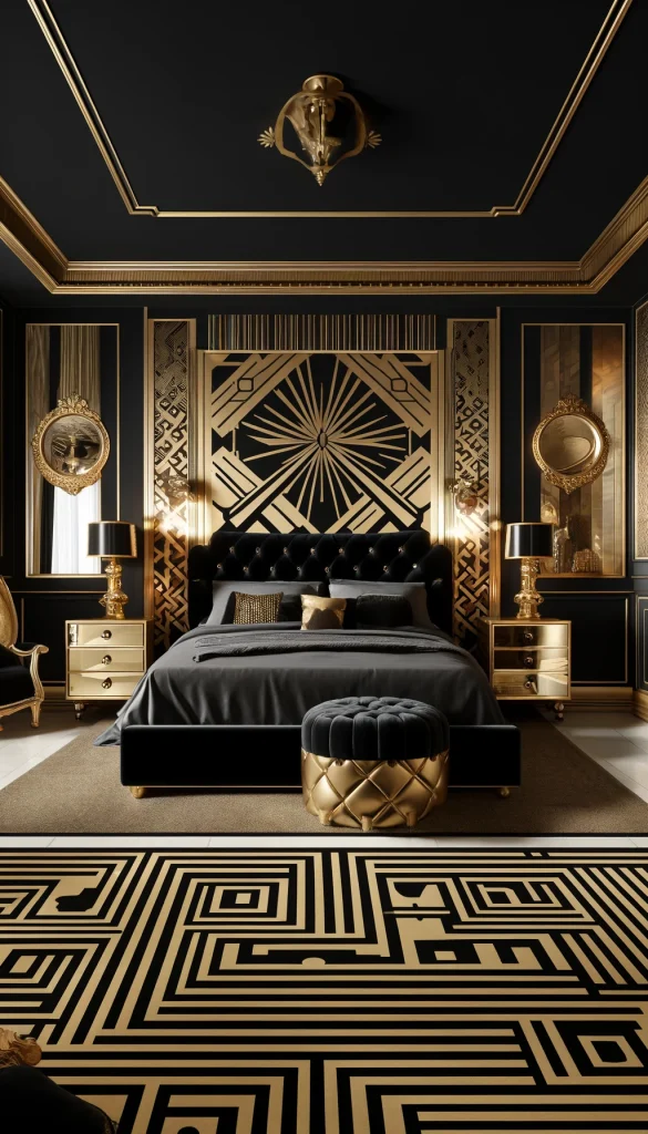 An elegant Art Deco style bedroom with bold geometric patterns and luxurious gold accents. The room features a large, black lacquered bed with a high, tufted headboard in velvet, flanked by mirrored nightstands. Opulent gold lamps and wall sconces light the space. A black and gold rug under the bed complements the striking wallpaper adorned with angular and circular designs. A plush, gold velvet armchair sits in a corner, and the overall atmosphere is one of vintage glamour and sophistication.