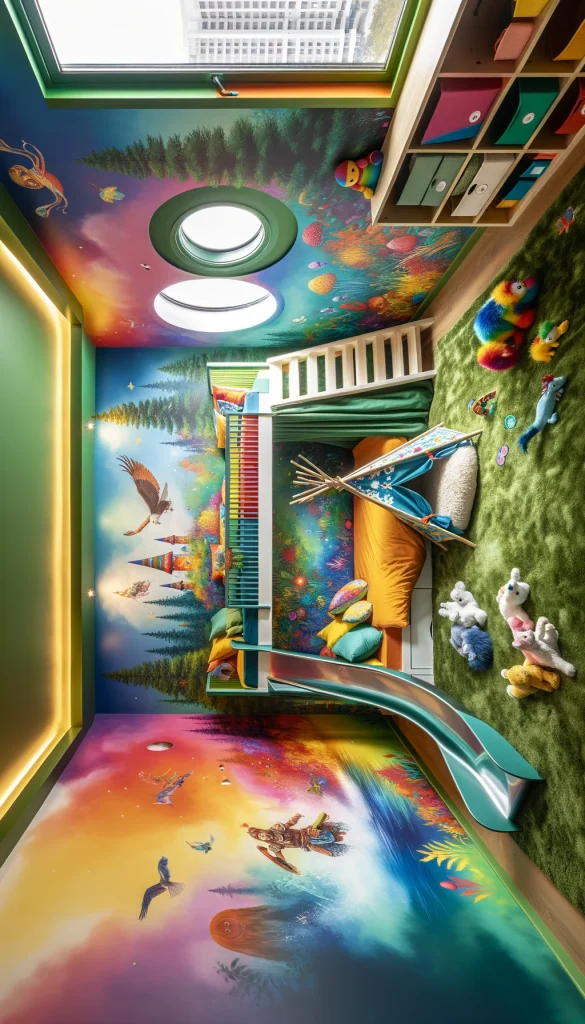 A playful and colorful children's bedroom with a whimsical theme. The room features a bunk bed with bright, multi-colored bedding and a slide. The walls are painted with a vibrant mural of a fantasy forest scene, complete with magical creatures. A small, circular window is styled as a porthole, adding to the adventure theme. The floor is covered with a soft, green area rug that resembles grass, and a teepee play tent is set up in one corner, filled with plush toys and children's books.
