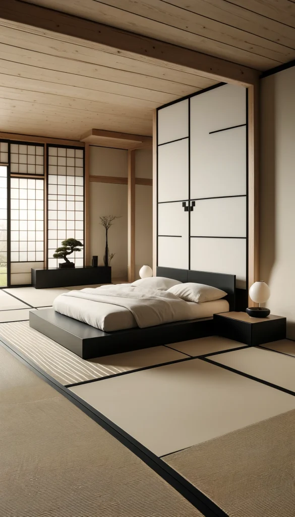 A modern minimalist bedroom with Japanese influences, featuring a low platform bed with a simple white futon. The room has shoji screen doors and a tatami mat flooring, enhancing the Zen-like atmosphere. A sleek, black lacquer chest serves as a nightstand, holding a minimalistic black and white lamp. Sparse decorations include a single bonsai tree on a low wooden table. The walls are painted a soft beige, and large windows offer a view of a tranquil garden outside, completing the peaceful setting.