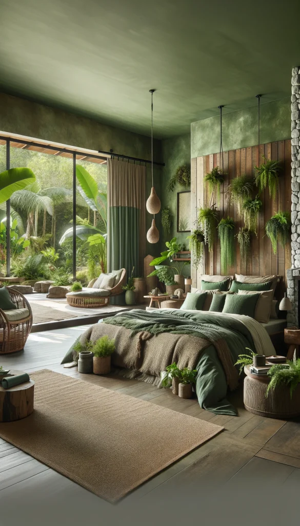 A nature-inspired bedroom that brings the outdoors inside, featuring a large bed with green and brown earth-tone linens. The headboard is crafted from reclaimed wood, and the room is decorated with hanging greenery and potted plants. Natural light floods in through large windows that offer views of a lush garden. The walls are a soft moss green, and a stone fireplace adds a rustic touch. A cozy seating area with a wicker armchair and a small wooden table sits by the window, creating a perfect reading nook.