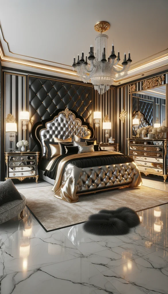 A glamorous Hollywood Regency style bedroom, featuring a luxurious bed with a high, tufted headboard in a shiny velvet material, adorned with satin gold and black linens. The furniture includes mirrored nightstands and a large dresser, reflecting light and enhancing the room's sparkle. Crystal chandeliers hang from the ceiling, adding to the opulence. The walls are covered in a bold, black and white striped wallpaper. A faux fur rug lies on the polished marble floor, completing the lavish decor.