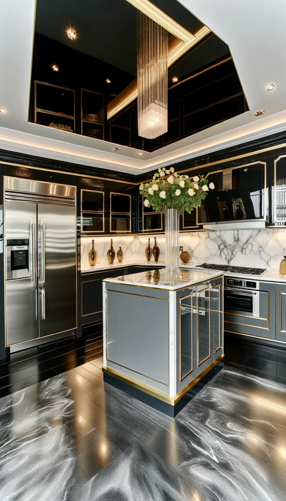 A luxurious kitchen design featuring high-gloss black cabinets and a marble island with gold trim. The backsplash is made of mirrored tiles, reflecting light throughout the space. State-of-the-art stainless steel appliances, including a double door refrigerator and a chef-grade range, are seamlessly integrated. The flooring is a high-shine black tile that complements the cabinets. Overhead, a modern crystal chandelier adds a touch of elegance. The decor includes large vases with tall, elegant flowers and soft under-cabinet lighting for ambiance.