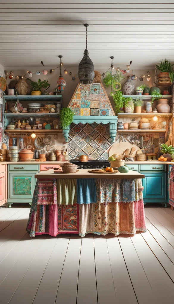 A bohemian kitchen design with vibrant colors and eclectic decor. The cabinets are painted in multiple bright colors, and the backsplash features Moroccan-style tiles. There are woven baskets and colorful textiles hanging on the walls, and a collection of mismatched ceramic dishes displayed openly. The center island is covered with a patterned fabric skirt, under which additional storage is hidden. The lighting is soft, with lantern-style lamps and strings of fairy lights adding a whimsical touch. Plants in various sizes and types are scattered throughout, adding life and freshness.