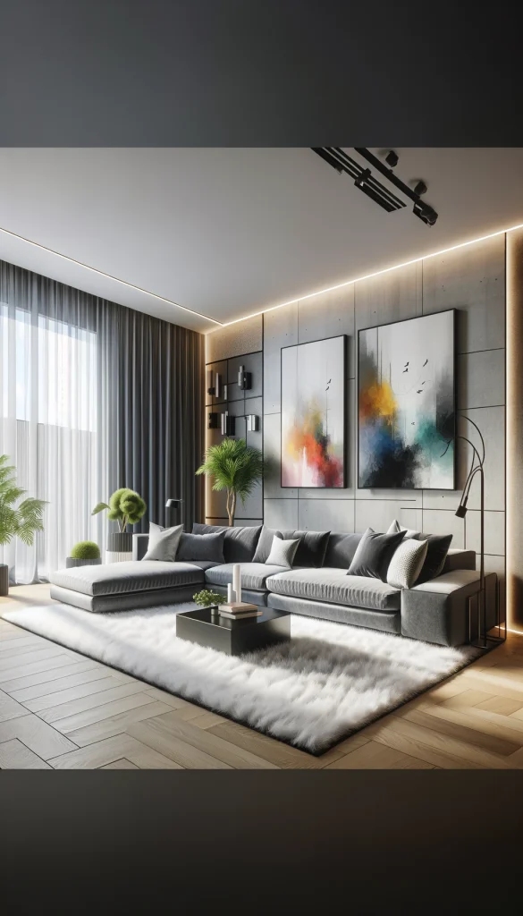 A modern living room with a large grey sectional sofa, a sleek black coffee table, and a white shag rug. The room features large floor-to-ceiling windows with sheer curtains, allowing natural light to illuminate the space. A series of abstract paintings in bold colors adorn the walls, and potted plants add a touch of greenery, creating a stylish and contemporary ambiance.