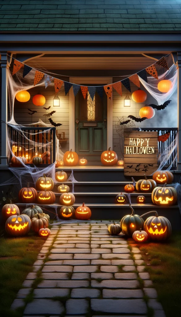 A whimsical Halloween-themed front porch decorated with pumpkins of various sizes, some carved with faces and others painted. The porch is adorned with cobwebs stretched over the railings, and a few hanging bats. A rustic wooden sign reads 'Happy Halloween', with orange and black bunting draped around. The setting is during the evening, with a soft glow emanating from the pumpkins and dimly lit lanterns placed around, creating a spooky yet inviting atmosphere.