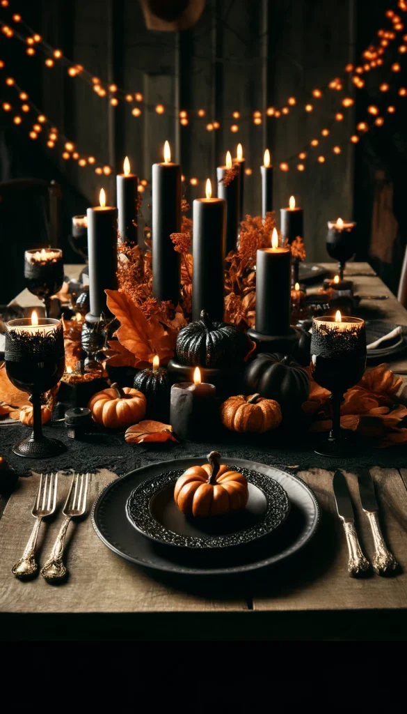 An elegant Halloween table setting for a dinner party. The table features a black lace tablecloth, with a centerpiece of black candles in tall holders, surrounded by small orange pumpkins and dried autumn leaves. Silverware is polished and placed neatly beside dark, themed plates. The glasses are filled with a dark red beverage. Overhead, string lights cast a warm, golden light, enhancing the moody, sophisticated ambiance of the setting, perfect for an adult Halloween gathering.