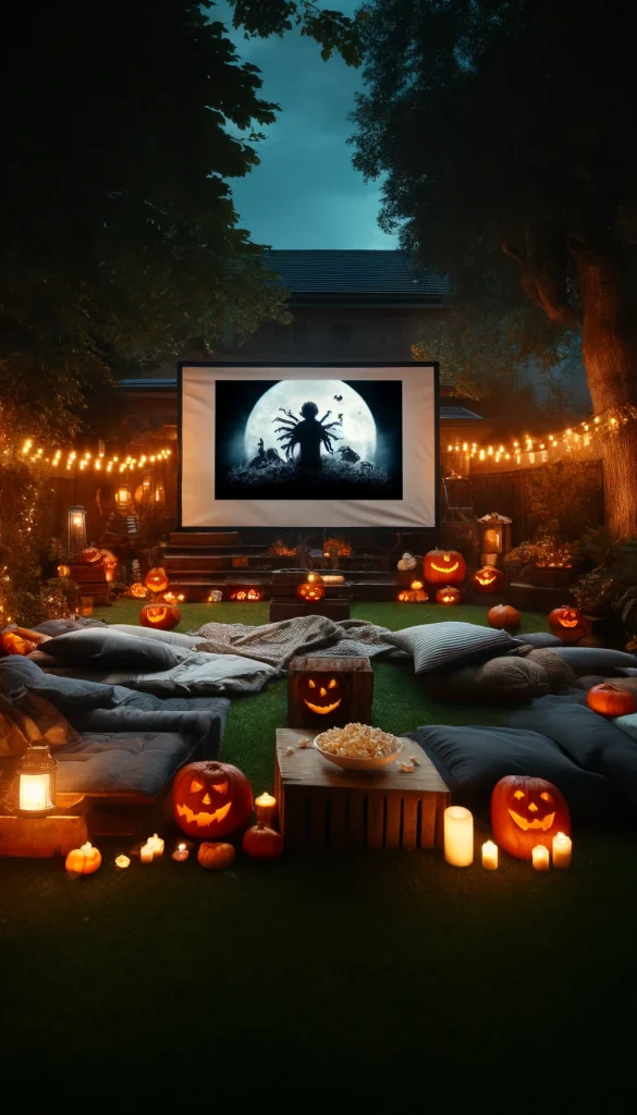 A spooky and atmospheric Halloween backyard setup for a movie night, featuring a large white screen with a classic horror movie projected. The area is decorated with flickering jack-o'-lanterns placed on the ground, and strings of orange lights hang from trees. Comfortable seating is arranged with blankets and pillows, and a small table is set with popcorn and Halloween-themed snacks. The setting is dimly lit by lanterns, creating a perfect ambiance for a scary movie night under the stars.