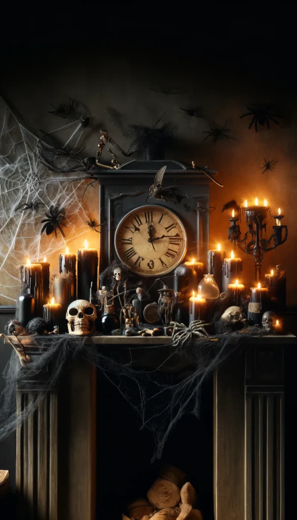 A creepy Halloween-themed mantelpiece decorated with an array of spooky objects. The mantel is covered in a black gauze fabric, with scattered fake bones and skulls. In the center, a large vintage clock with its hands set at midnight stands out. Flanking the clock are various-sized black candles, some dripping with wax, and small potion bottles. Strands of spider web, complete with large, realistic-looking spiders, stretch across the setup, and a dim, eerie light illuminates the scene, enhancing the haunted house vibe.