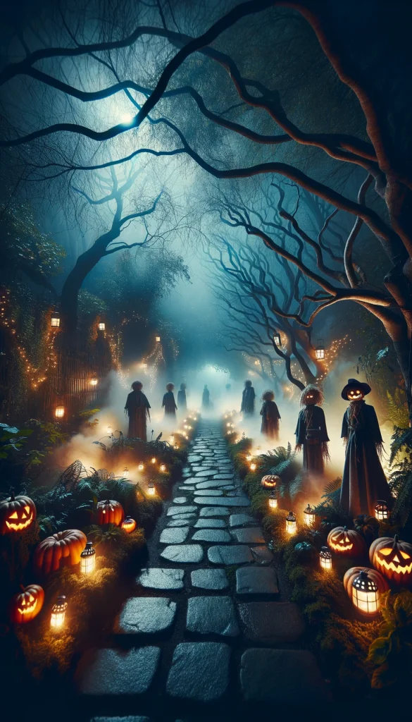 A mystical Halloween garden pathway lit by lanterns, with a foggy, mysterious ambiance. The pathway is lined with carved pumpkins glowing from within, creating a trail that leads through a dark, overgrown garden. Tall, shadowy trees loom overhead, their branches almost touching the ground. Intermittently placed along the path are eerie, life-size scarecrows dressed in tattered clothing, posing as if frozen mid-movement. The scene is set at night, with a full moon casting a faint glow through the fog.