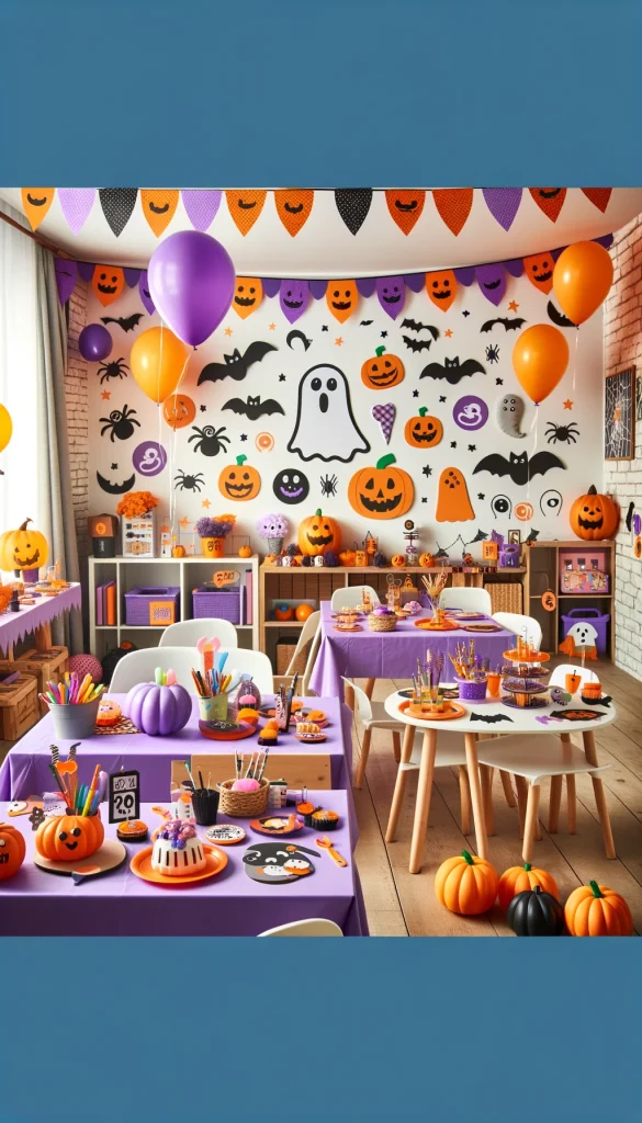 A playful and colorful Halloween kids' party room decorated with a variety of fun and not-too-scary decorations. The room features bright orange and purple balloons, a wall covered in cute ghost and bat decals, and tables set with festive tablecloths. A DIY craft area is equipped with supplies for making masks and decorating pumpkins. A snack table is laden with Halloween-themed treats like spider cupcakes and pumpkin-shaped cookies. The overall atmosphere is cheerful and perfect for young children to enjoy a Halloween party.