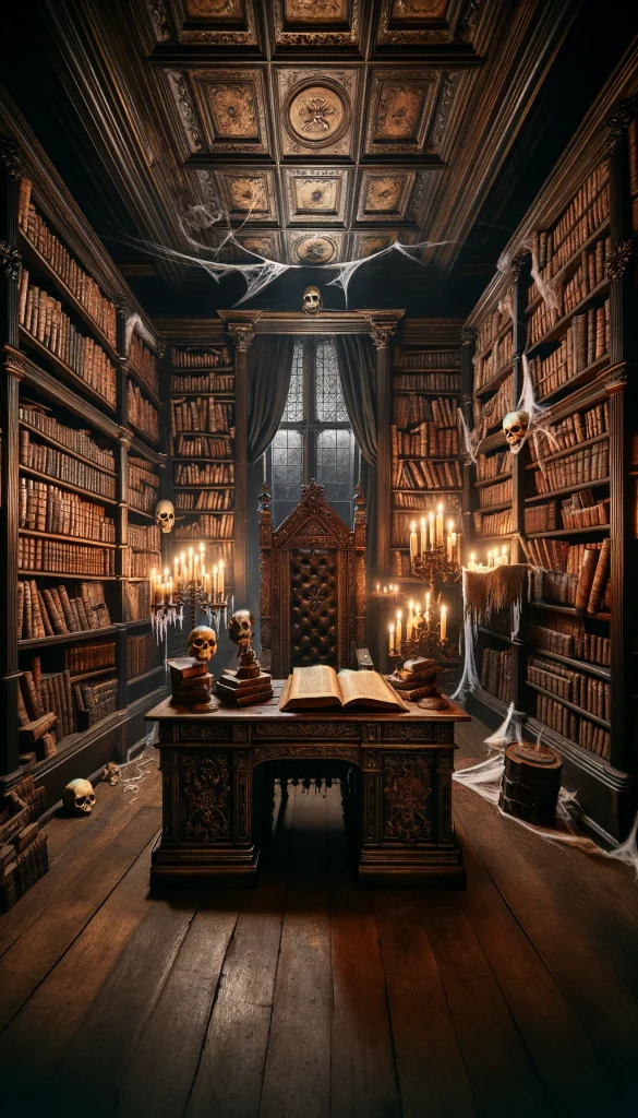 A haunted library Halloween decoration featuring an old, dimly lit room filled with towering bookshelves. The shelves are lined with dusty books and interspersed with skull bookends and ancient scrolls. A grand, antique desk sits in the center, topped with a flickering candle and an open, aged book. Cobwebs hang from the ceiling and corners, and ghostly whispers seem to emanate from the shadows. The atmosphere is eerie and reminiscent of a scene from a classic horror novel, perfect for a sophisticated Halloween theme.