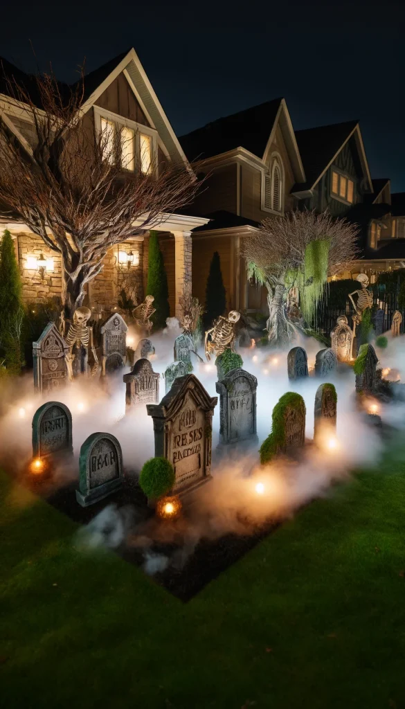 A festive outdoor Halloween display in a suburban front yard, featuring an elaborate graveyard scene. The scene includes tombstones of varying shapes and sizes made from aged stone, with eerie epitaphs and moss growth. Skeletons appear to be climbing out of the ground, and a low, dense fog covers the ground, enhanced by a fog machine. Spooky trees with twisted branches frame the scene, and dim, flickering lights create shadows, adding to the haunting atmosphere. It's a perfect setup for trick-or-treaters.