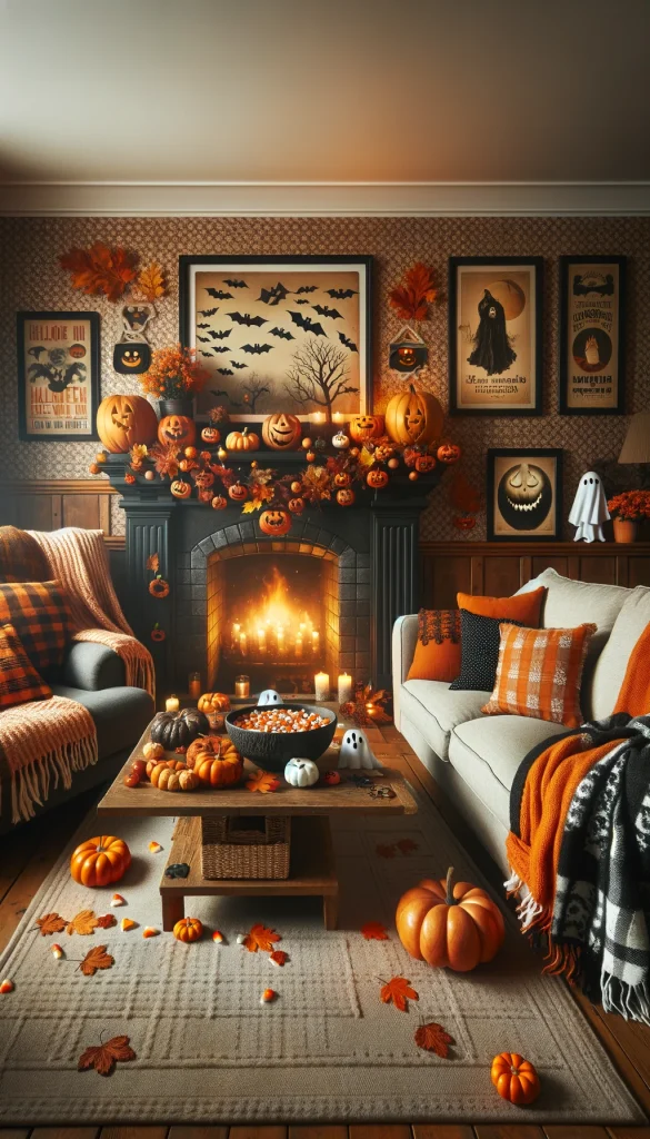 A cozy and inviting Halloween-themed living room decorated with autumnal colors. The living room features a large, plush sofa draped with orange and black throw blankets. The coffee table is adorned with a variety of small pumpkins and a large bowl of candy corn. A warm, crackling fire burns in the fireplace, over which hangs a festive garland made of leaves and miniature ghost figures. The walls are decorated with framed vintage Halloween posters, creating a nostalgic and warm atmosphere perfect for a family Halloween evening.