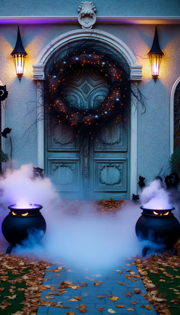 A magical Halloween-themed entryway featuring a large, ornate door decorated with a massive wreath made of black twigs and interspersed with small orange lights. Flanking the door are two large cauldrons emitting a gentle, misty smoke, creating an eerie entrance effect. The ground is covered with dry leaves, and several black cats with glowing eyes sit perched near the doorway. The scene is set during twilight, casting a mystical glow over the decorations, welcoming guests to a Halloween celebration.