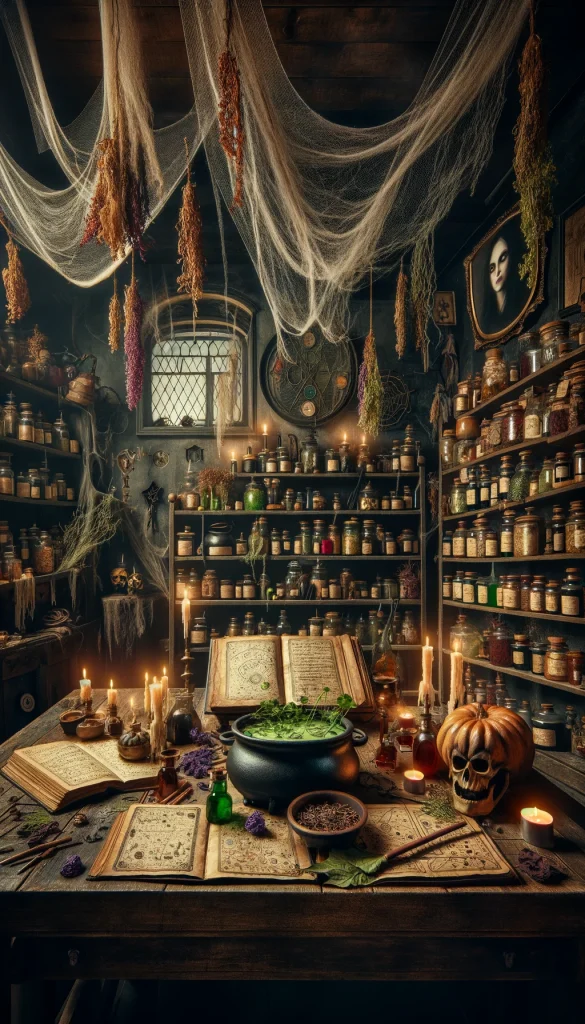 A sinister Halloween workshop scene, designed to look like a witch's potion-making room. The room is cluttered with shelves filled with jars of mysterious ingredients, dried herbs hanging from the ceiling, and cauldrons bubbling over with colorful concoctions. A large, ancient spell book is open on a wooden table, surrounded by candles casting flickering shadows. The walls are lined with old portraits whose eyes seem to follow you, and a black cat watches curiously from a corner. The setting is dimly lit, creating a spooky atmosphere.