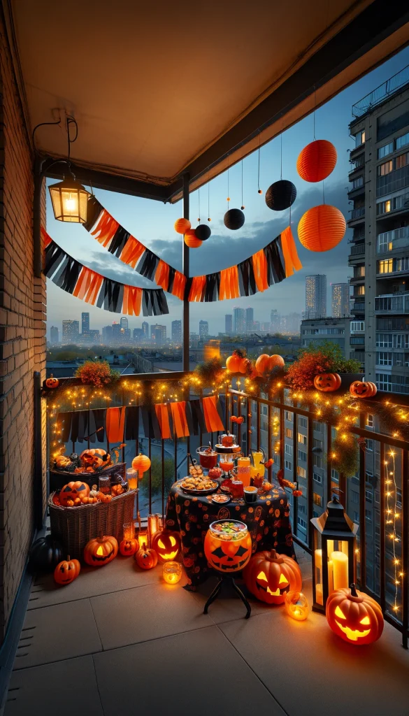A festive Halloween balcony scene with an urban twist, featuring a small balcony decorated with orange and black streamers. The railing is lined with mini pumpkins and twinkling fairy lights. A small table is set with a Halloween-themed tablecloth, displaying an array of spooky snacks and a punch bowl with floating eyeballs. A few hanging lanterns add a warm glow to the scene. In the background, the city skyline is visible, with some buildings lit up in Halloween colors, blending city life with festive spirit.