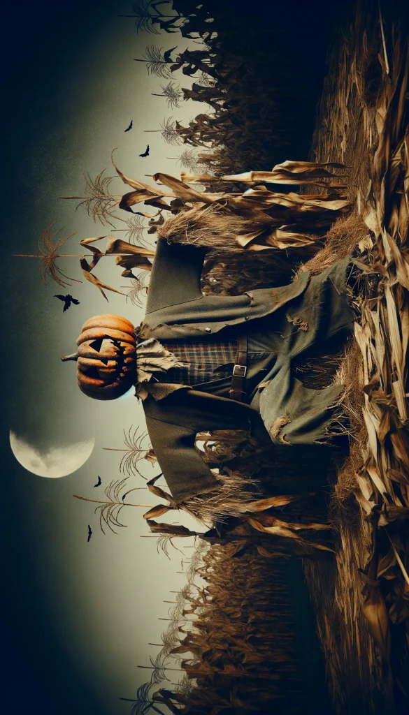 A classic Halloween scarecrow scene in a rural setting, featuring a large, menacing scarecrow positioned in the center of a cornfield. The scarecrow is dressed in tattered old clothes, with a pumpkin head that has a wickedly carved grin. Around its feet, dry corn stalks rustle in the wind, adding to the spooky ambiance. The background is dusky, with a crescent moon visible in the sky, casting a dim light over the field. This setup captures the essence of Halloween in the countryside.