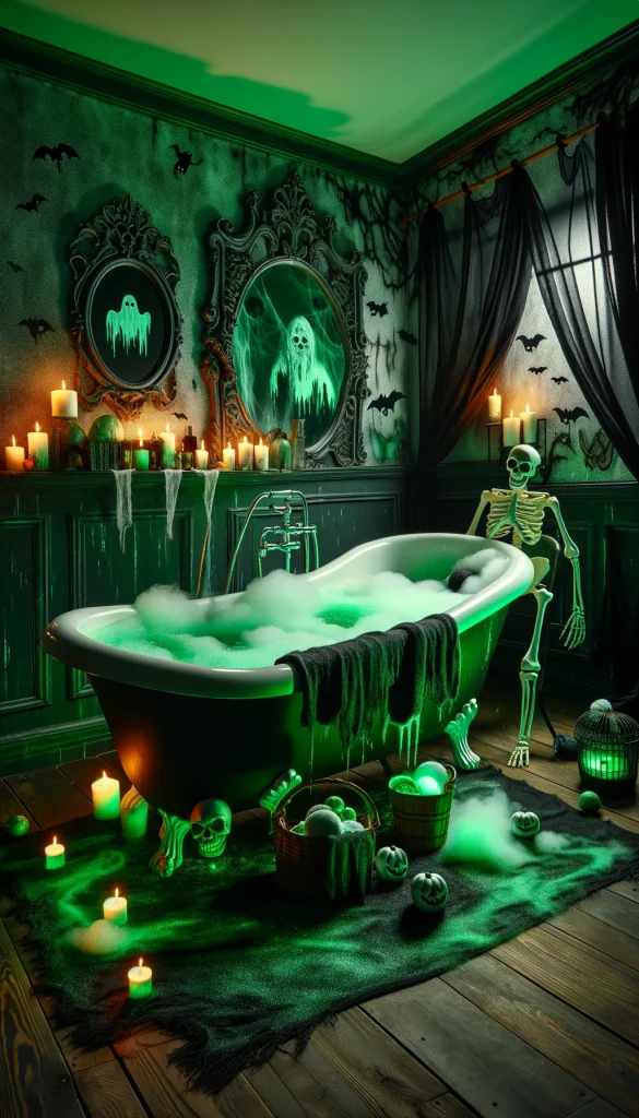 A spooky Halloween-themed bathroom decoration featuring a claw-foot bathtub filled with bubbling, misty green water. The walls are draped with black curtains and adorned with mirrors that have ghostly figures painted on them. Dim, green lighting casts eerie shadows across the room. Near the bathtub, a skeleton butler holds towels, adding a humorous touch. A basket of Halloween-themed bath bombs and potions sits nearby, completing the scene for a spooky and fun Halloween bath experience.