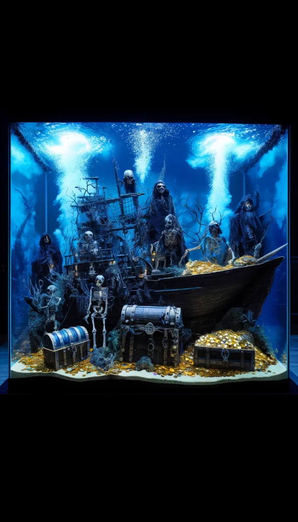 A chilling Halloween-themed aquarium scene, with the tank decorated to look like a sunken pirate ship haunted by spectral sailors. The decorations include skeletal pirate figures, treasure chests overflowing with faux gold coins, and dark, twisted seaweed. Eerie blue lighting illuminates the tank, casting ghostly shadows, while bubble machines create an underwater mist effect. This creative setup adds a spooky marine twist to Halloween decor, blending the aquatic environment with the supernatural.