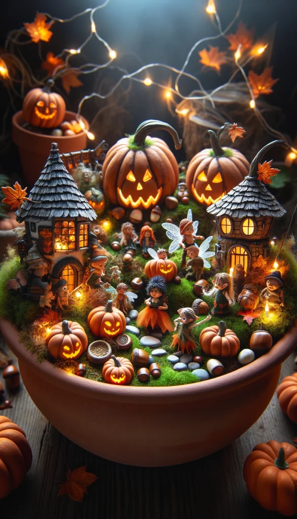 An enchanting Halloween fairy garden setup, featuring miniature houses made from pumpkins and acorns, surrounded by tiny lights. The scene includes small figurines of fairies dressed in autumn leaves, interacting with miniature mythical creatures like goblins and imps. The garden is set within a terracotta pot, with moss, small stones, and twigs creating a natural landscape. This charming scene is designed for a magical Halloween display that captivates the imagination.