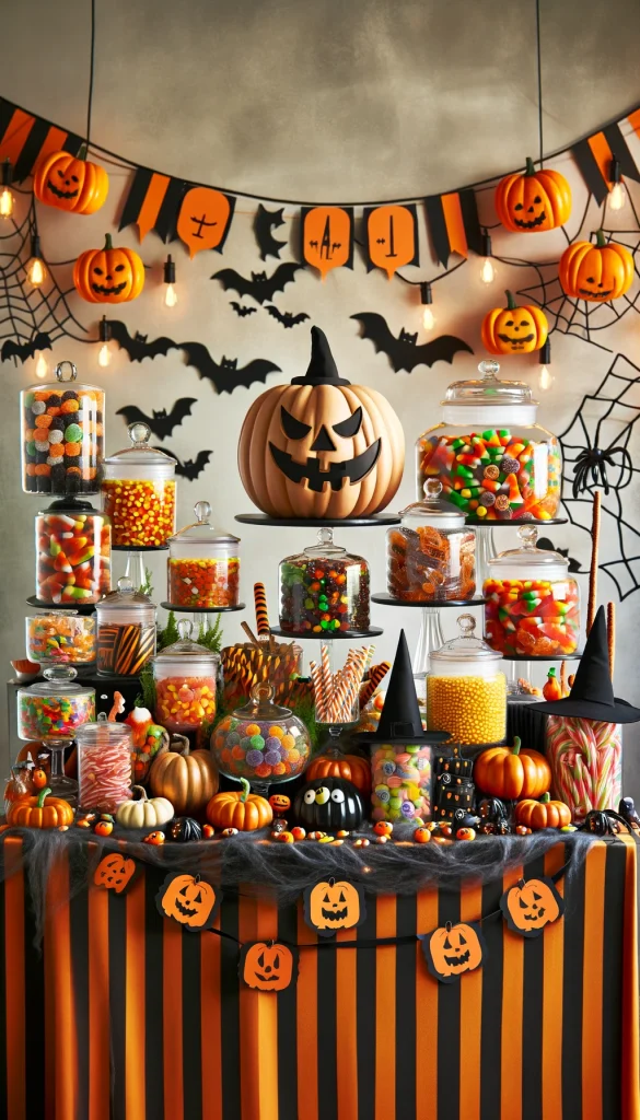 A whimsical Halloween candy buffet table, perfect for a party. The table is covered with a black and orange striped tablecloth and features a variety of candy jars filled with colorful treats. Tall glass apothecary jars hold layers of candy corn, gummy worms, and chocolate eyeballs. A large, carved pumpkin sits at the center, doubling as a candy holder. Decorative elements like miniature broomsticks, black cats, and little witch hats add a festive touch. The backdrop is adorned with hanging bat cutouts and spider webs.