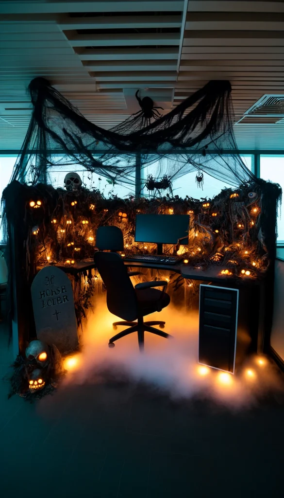 A creepy Halloween office cubicle, creatively transformed into a haunted forest theme. The walls of the cubicle are draped with black mesh fabric and covered with artificial vines and leaves. Eerie, glowing eyes are hidden amongst the foliage, giving the impression of creatures watching from the dark. A desktop computer is adorned with spider web decorations and a skeletal mouse. The chair is dressed up as a tombstone, and a fog machine adds a spooky mist flowing from beneath the desk, creating a chilling work environment.