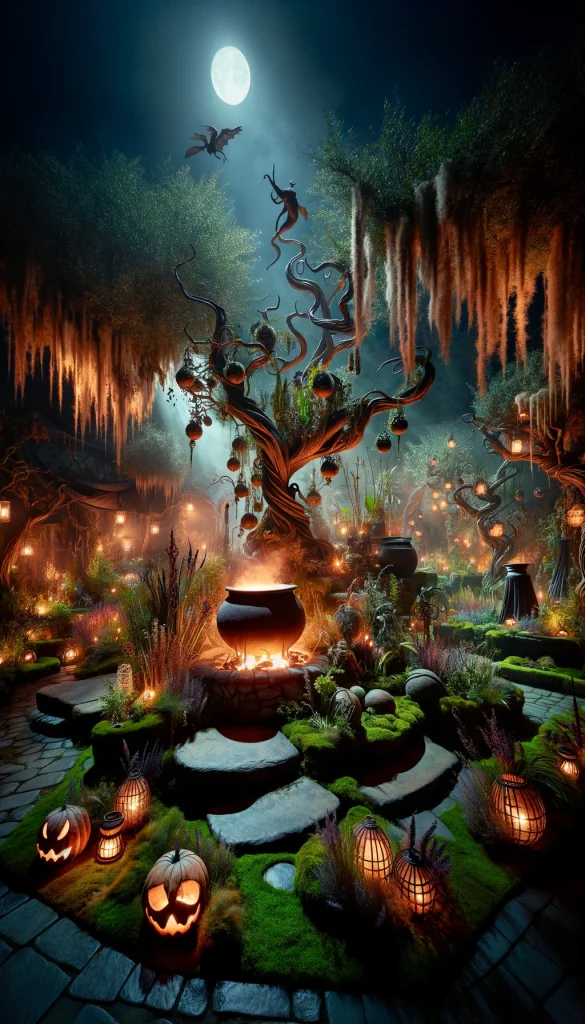 A mystical Halloween garden scene at night with an elaborate witch's herb garden. The garden is filled with towering, twisted plants and eerie, glowing flowers. In the center, a large cauldron bubbles over a fire, surrounded by stone benches covered in moss. Hanging from the trees are lanterns casting a soft light, and scattered throughout are crystal balls and mystical runes. A shadowy figure of a witch can be seen tending to the plants, adding to the mysterious and magical atmosphere of the setting.