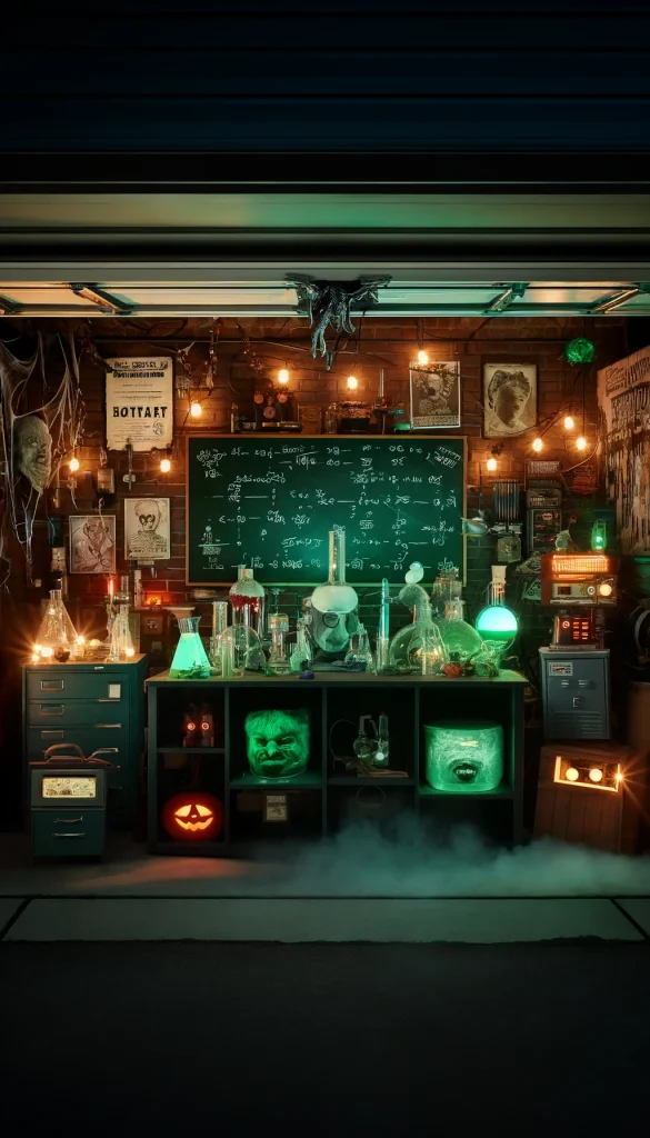 A spooky Halloween garage transformation into a mad scientist's lab. The garage is set up with vintage laboratory equipment, including beakers, test tubes, and bubbling potions. Electrical gadgets with sparks and eerie green glows add to the atmosphere. A large chalkboard displays complex chemical formulas. The walls are decorated with posters of famous scientists and monster movie icons. The dim lighting and scattered lab coats make it look like the scientist just stepped out, leaving his creepy experiments running.