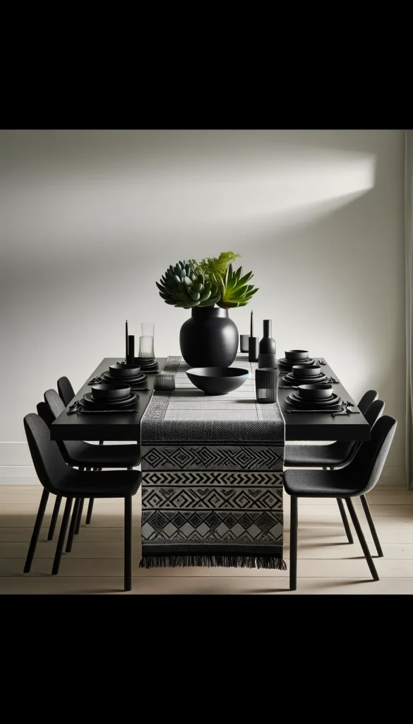 A sleek, modern black dining table set against a minimalist white wall. The table is adorned with a geometric patterned runner in shades of grey and black. On top of the runner, there's a low, elongated centerpiece made of a matte black vase filled with green succulents. Matte black flatware is paired with white porcelain dishes, and clear glassware adds a touch of elegance. The scene is complemented by black chairs with clean lines, and the overall lighting is soft and warm, highlighting the simplicity and elegance of the setup.
