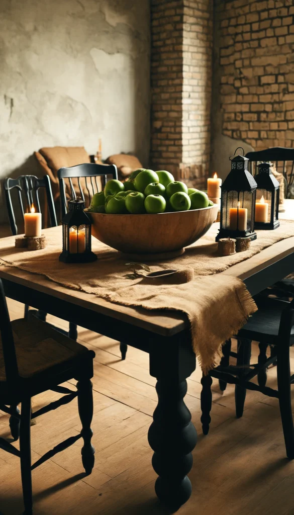 A rustic, farmhouse-style black dining table in a room with exposed brick walls. The table is decorated with a handmade burlap tablecloth, and in the center, there's a large wooden bowl filled with fresh green apples. Antique black metal lanterns with candles inside are placed on either side of the bowl. The chairs around the table are mismatched, adding to the rustic charm, with some being solid black and others featuring natural wood finishes. The warm, ambient lighting casts a cozy glow over the setting.