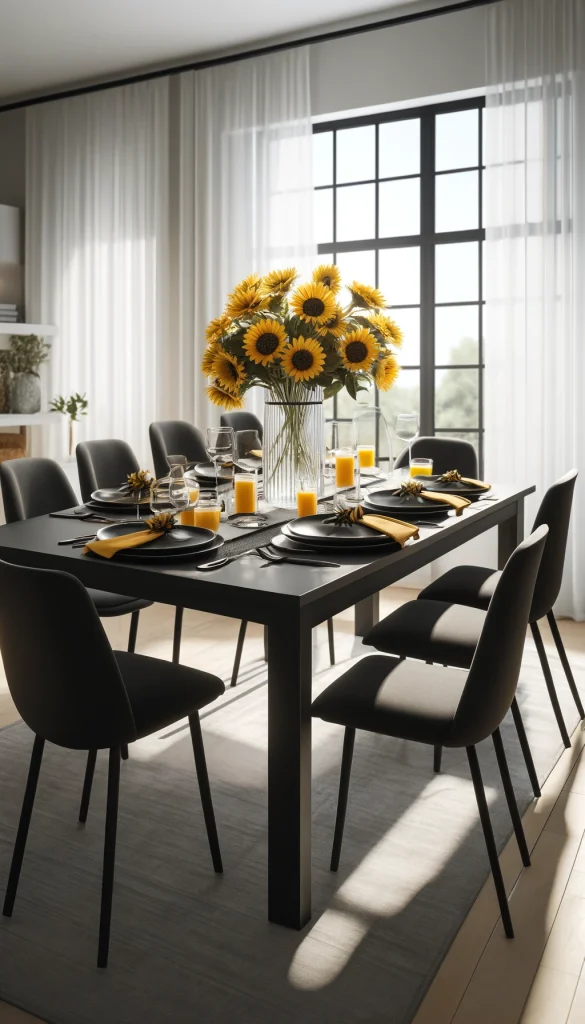 A contemporary black dining table in a bright, airy room with large windows and sheer white curtains. The table is set for a brunch, featuring a modern, clear glass vase with bright yellow sunflowers. The tableware includes sleek, black plates, matte gold cutlery, and crystal clear glassware. Each place setting is accented with a mustard yellow napkin, tied with a black and white striped ribbon. The chairs are modern, with black frames and white cushioned seats. A soft, natural light fills the room, creating a welcoming atmosphere.